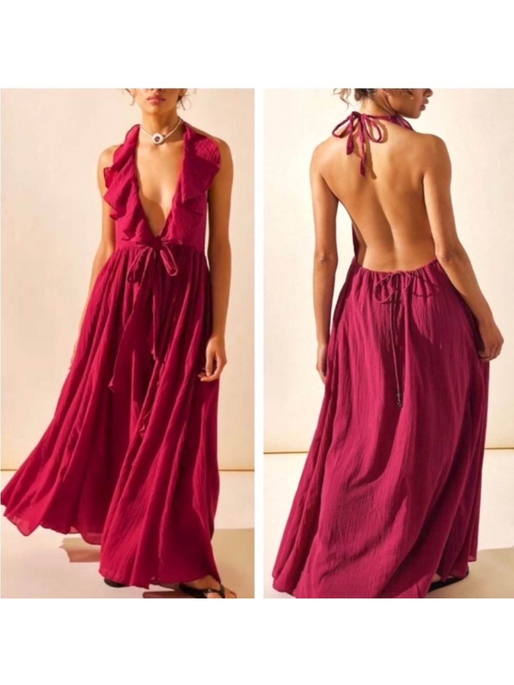 FREE PEOPLE Conchita Low Back Maxi Dress NEW Size S Cha Cha Cherry Raspberry